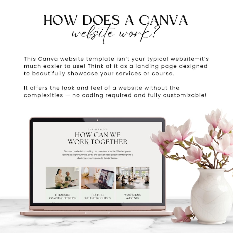 May include: A laptop computer displaying a website template for a holistic coaching business. The website features a pink and white color scheme and the text "How Can We Work Together". The website also includes images of people in a coaching session, a wellness course, and a workshop.