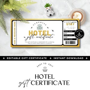 Hotel gift certificate, INSTANT DOWNLOAD, travel gift card, weekend getaway gift voucher, DIY Happy birthday card, editable travel ticket