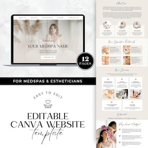 Può includere: Un modello di sito web Canva per Medspa ed estetiste. Il modello è facile da modificare e include 12 pagine. Il modello presenta un design moderno con uno sfondo marrone chiaro e testo nero. Il testo sul modello include "Presentazione del tuo nome Medspa", "Il tuo straordinario sottotitolo va qui", "Contattaci", "12 pagine", "Per Medspa ed estetiste", "Facile da modificare", "Modello di sito web Canva modificabile", "Chi siamo", "I nostri trattamenti di firma", "I nostri servizi", "Iscriviti! Abbonamenti benessere presso [Nome Medspa]" e "Perché scegliere [Nome Medspa]?"