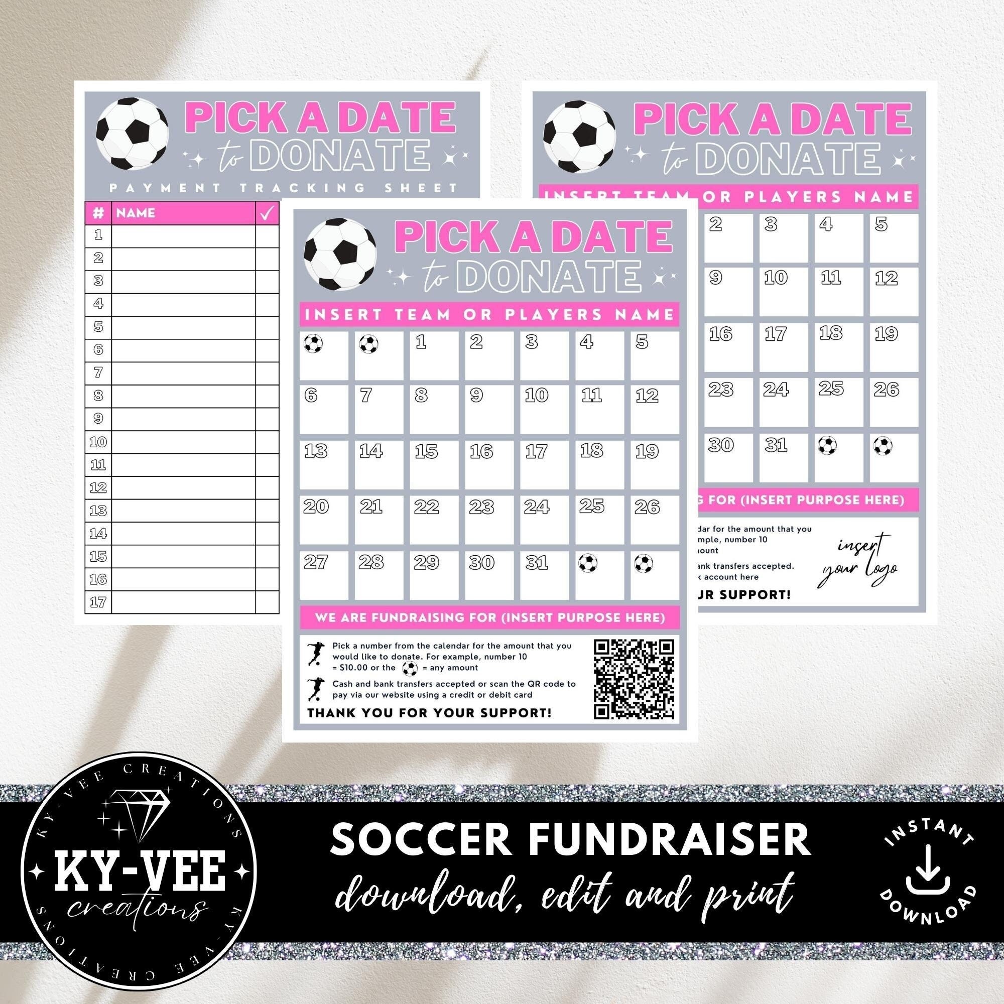 Editable Pick A Date To Donate Soccer Fundraiser Calendar 