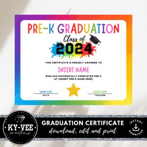 Pre K Abschlusszertifikat, INSTANT DOWNLOAD, druckbares Pre-k-Diplom, bearbeitbare Vorlage für den Pre-k-Abschlusspreis, Preis für Kinderfeier