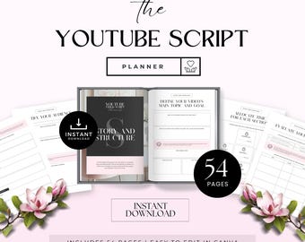 May include: A digital planner for YouTube script writing with a pink and white floral design. The planner includes 54 pages and is easy to edit in Canva. The cover features the text "The YouTube Script Planner" and a heart icon.