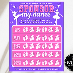 Clear the board fundraiser, sponsor my dance season template, black out my board, printable ballerina team/club fundraising, pink & purple