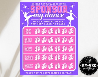 Clear the board fundraiser, sponsor my dance season template, black out my board, printable ballerina team/club fundraising, pink & purple