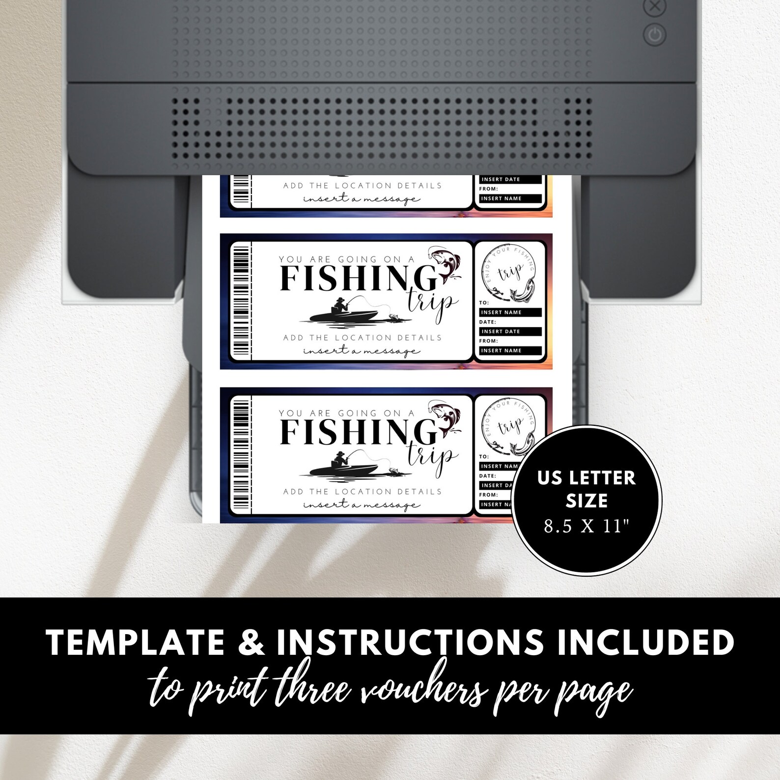 Printable Fishing Gift Certificate Template, INSTANT DOWNLOAD, Editable