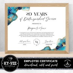 20 anos de serviço distinto, certificado de premiação para funcionários, aniversário de trabalho, anos de serviço, para impressão, editável, modelo Canva