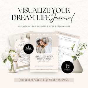 May include: A digital download of a 15-page journal titled "Visualize Your Dream Life Journal". The journal is designed to help you dream big, gain clarity, and take inspired action towards your goals. The cover features a woman sleeping in bed and the text "Visualize Your Dream Life Journal".