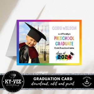 Voorschoolse afstudeerkaart, INSTANT DOWNLOAD, Afdrukbare certificaatsjablonen voor afstuderen, bewerkbare klasse van 2024 kaart, Canva-sjabloon