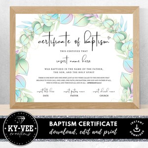 Certificado de bautismo moderno, recuerdo de dedicación de bebé, plantilla religiosa imprimible, descarga instantánea, regalo de bautizo, decoración de iglesia