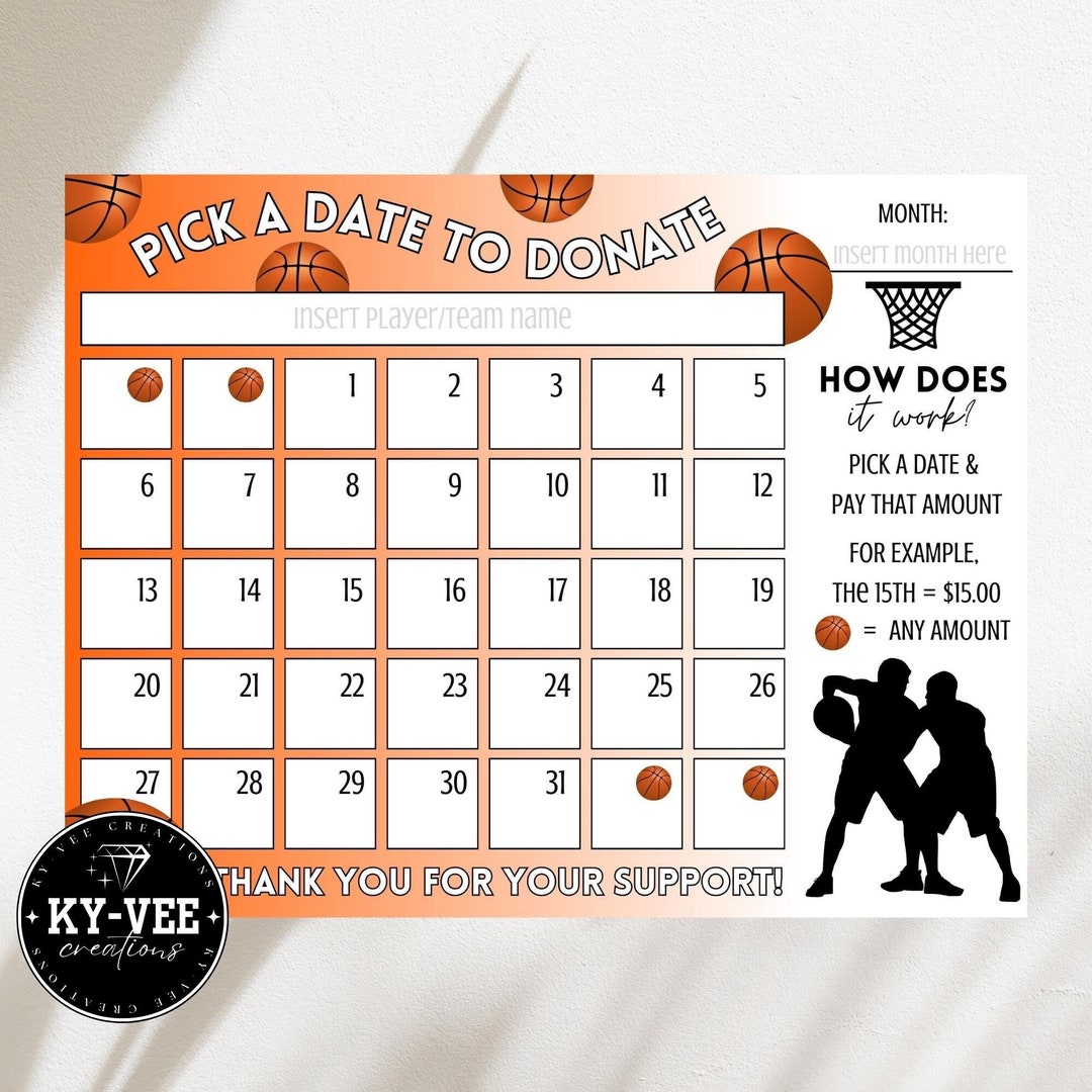 Pick a Date Donate Basketball Calendar, Printable Bball Fundraiser, Pay ...