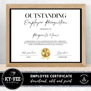 Employee appreciation certificate template, INSTANT DOWNLOAD, printable awards for employees, editable employee of the month Canva template