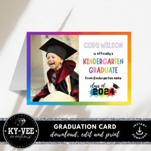 Afstudeerkaart kleuterschool, INSTANT DOWNLOAD, bewerkbare vriendelijke afstudeerfeestviering, afdrukbare klasse van 2024-kaart, DIY Canva-sjabloon
