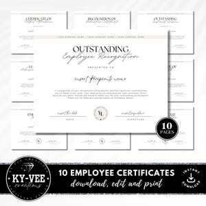 10 plantillas de certificados para empleados, DESCARGA INSTANTÁNEA, premios imprimibles para empleados, paquete de reconocimiento/agradecimiento editable, blanco y beige