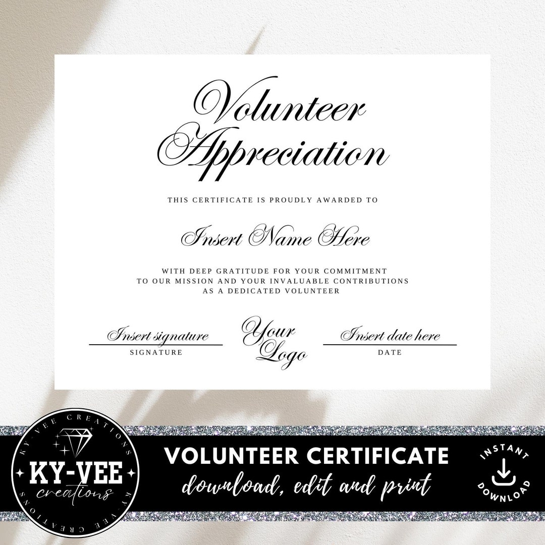 Printable Certificate of Appreciation for Volunteering, INSTANT ...