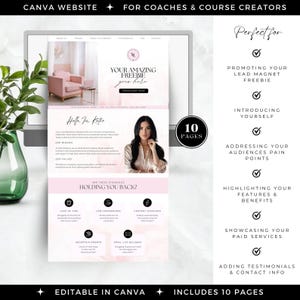 May include: A pink and white Canva website template with the text "Your Amazing Freebie Goes Here" and "Hello, I'm Katie". The template includes 10 pages and is designed for coaches and course creators. The template is editable in Canva.