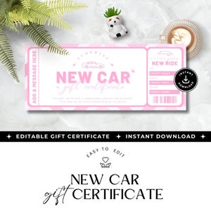 Geschenkgutschein für ein neues Auto, Neue Fahrt Geschenkgutschein, bearbeitbares Überraschungsgeschenk, Sofort Download, Canva Vorlage, Pink Mädchen Fahrkarte