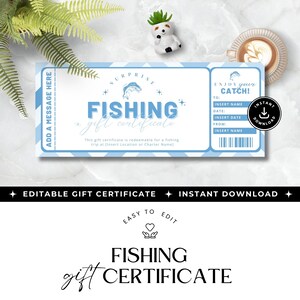 Modello di buono regalo per la pesca stampabile, DOWNLOAD IMMEDIATO, buono regalo per una gita di pesca modificabile, carta regalo per la pesca per una gita, blu