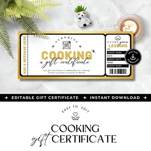 Chèque-cadeau pour un cours de cuisine, TÉLÉCHARGEMENT IMMÉDIAT, chèque-cadeau de chef modifiable, modèle de cours de cuisine, carte-cadeau, minimal, Canva