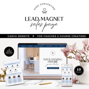 Op de afbeelding: Een Canva-website sjabloon voor coaches en cursusmakers. De sjabloon bevat een laptop met een leadmagneet verkooppagina, een telefoon met een leadmagneet en een 10-pagina leadmagneet. De tekst op de laptop zegt "Uw geweldige gratis cadeau is hier. Download nu."