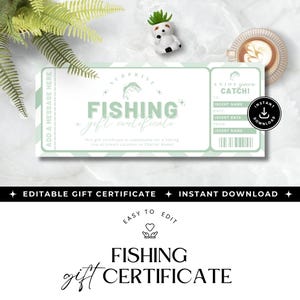 Modello di buono regalo per la pesca stampabile, DOWNLOAD IMMEDIATO, buono regalo per una gita di pesca modificabile, carta regalo per la pesca per una gita, verde