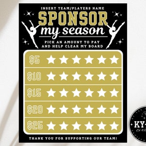 Clear the board fundraiser for gymnastics team, sponsor my season, black out my board, printable fundraising Canva template, black & gold