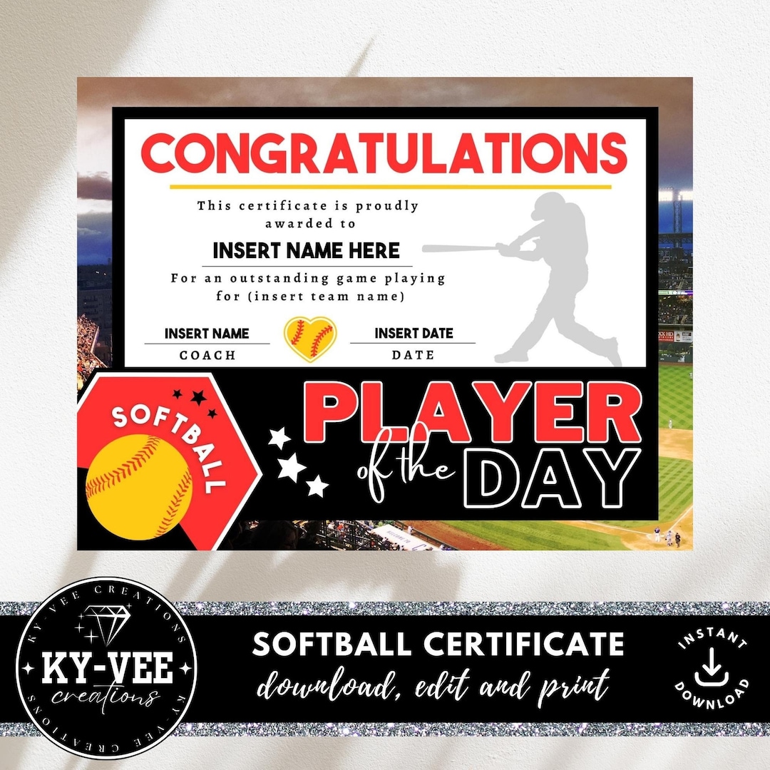 Congratulations Softball Softball Awards Digital Download, Player of the Day Certificate for ...