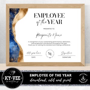 Employee of the year certificate, INSTANT DOWNLOAD, editable employee appreciation award, printable Canva template with blue alcohol ink