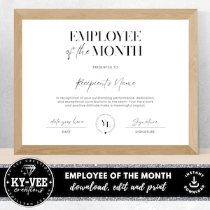 Modèle de certificat de reconnaissance des employés, TÉLÉCHARGEMENT IMMÉDIAT, récompenses imprimables pour les employés, modèle minimal modifiable de l'employé du mois