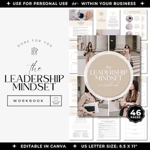 Może przedstawiać: Podręcznik zatytułowany "The Leadership Mindset" w beżowo-białej szacie graficznej. Okładka zawiera tytuł w eleganckiej czcionce i dużych literach, ze słowem "Workbook" w prostokątnym polu. Dokument ma format US Letter, 21,59 x 27,94 cm i zawiera 46 stron.