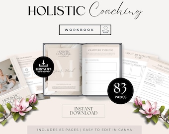 Può includere: Un quaderno digitale per il coaching olistico con 83 pagine. La copertina presenta un fiore rosa e il testo "HOLISTIC COACHING WORKBOOK". Il quaderno include sezioni per esercizi di gratitudine, tabelle di riflessione e controlli giornalieri.