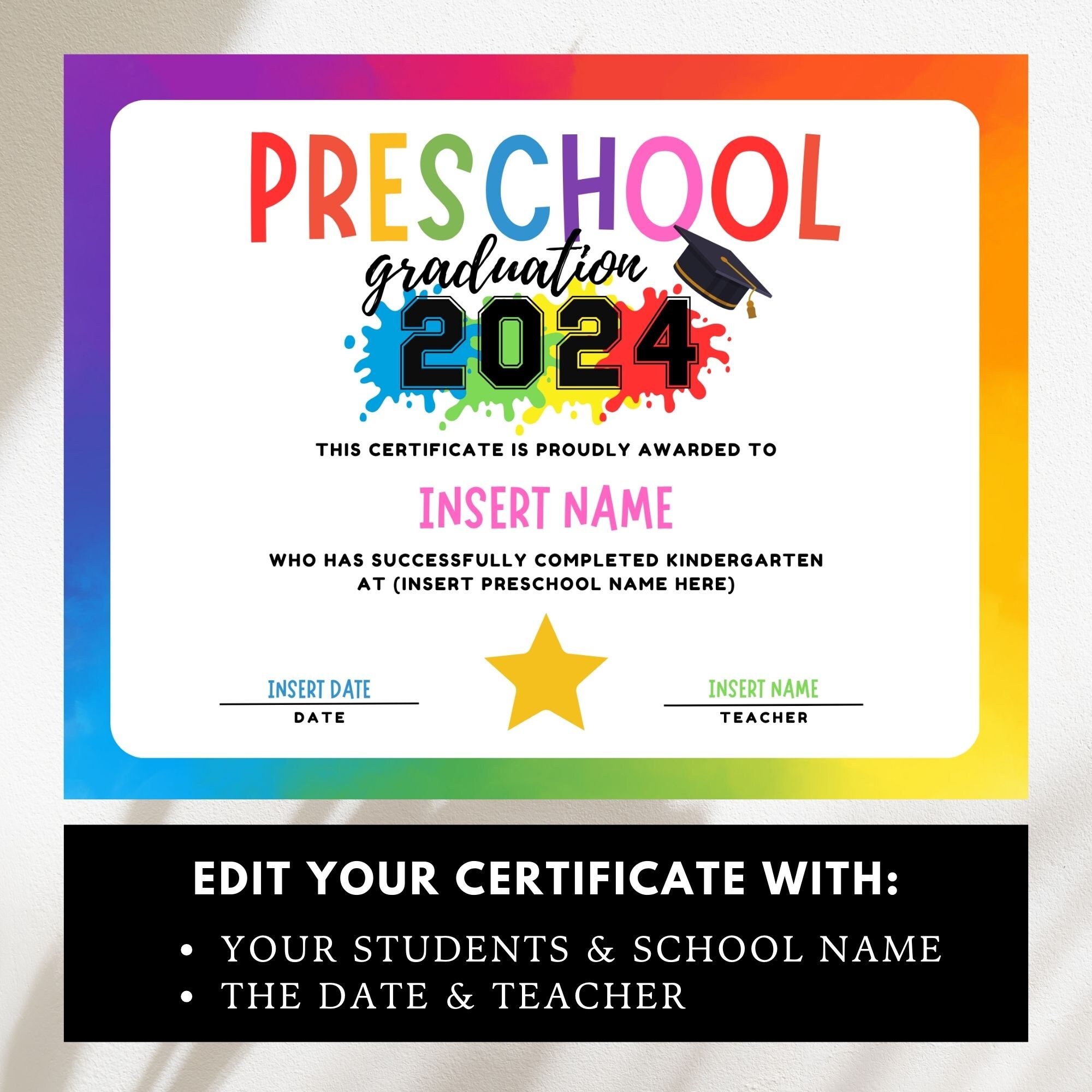 Preschool Graduation Certificate Printable, INSTANT DOWNLOAD, Preschool