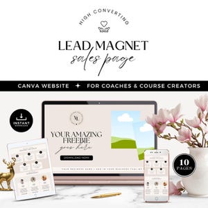 Pode incluir: Uma maquete de computador portátil com um fundo rosa e uma imagem de paisagem branca e verde na tela. O texto na tela diz "Your Amazing Freebie goes here" e "Download Now!" O computador portátil está sobre uma superfície de mármore branco com uma figurinha de veado dourada e uma maquete de smartphone com um ímã de chumbo de 10 páginas na tela. O texto "10 Pages" está no lado direito da imagem.