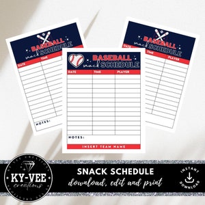 Printable snack schedule template, INSTANT DOWNLOAD, baseball snacks schedule template includes 2 designs, editable sports season organiser