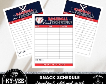 Printable snack schedule template, INSTANT DOWNLOAD, baseball snacks schedule template includes 2 designs, editable sports season organiser