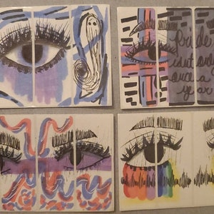 May include: Four colorful stickers with a stylized eye design. Each sticker has a different background pattern, including stripes, swirls, and abstract shapes. The text on one sticker reads "Pride isn't only once a year."