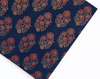 Tela de algodón estampada a mano con bloques de madera / Diseño floral indio Jaal, azul marino