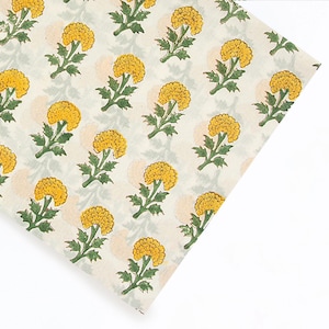 Hand Block Print Cotton Fabric | Yellow Marigold Floral, 44" Wide