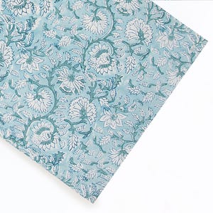 Aqua Floral Cotton Fabric By The Yard | Hand Block Print Textile