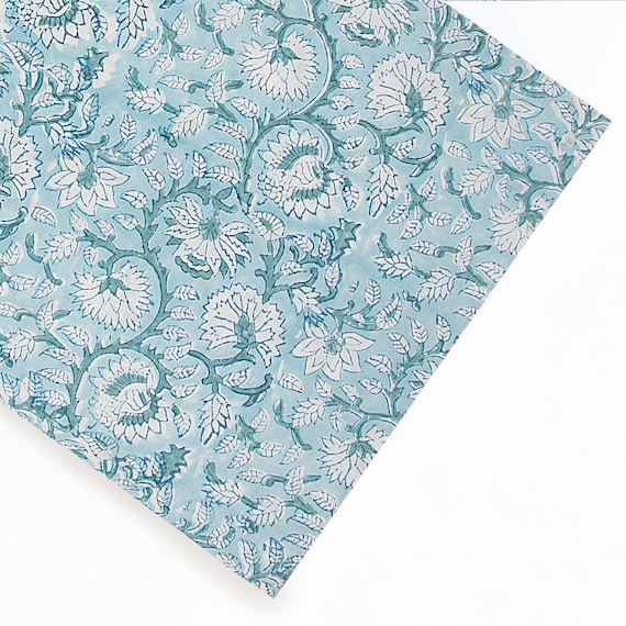 Aqua Floral Cotton Fabric By The Yard | Hand Block Print Textile