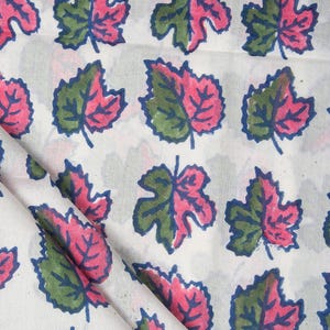 Green Pink Leaf Block Print Cotton Fabric by the yard Fabric for Women Dressmaking Fabric