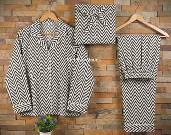 Hand Block Print Cotton Pajama Set, Zig-Zag Print Summer Nightwear, Bohemian Sleepwear, Women Loungewear with Pants, Bridesmaid PJS