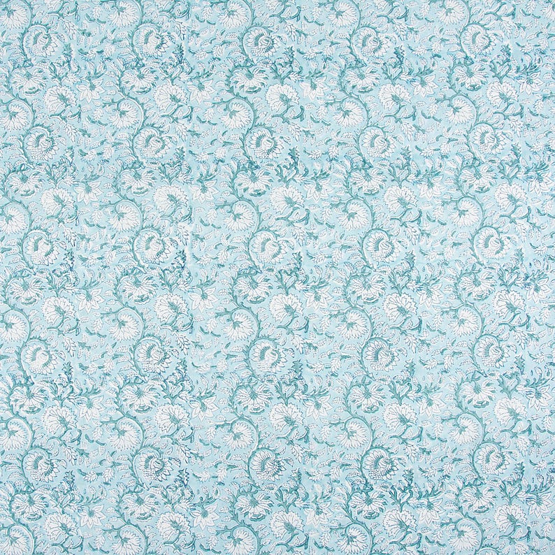 Aqua Floral Cotton Fabric By The Yard | Hand Block Print Textile