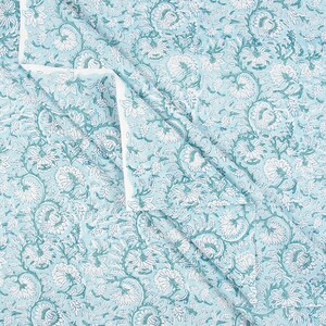 Aqua Floral Cotton Fabric By The Yard | Hand Block Print Textile