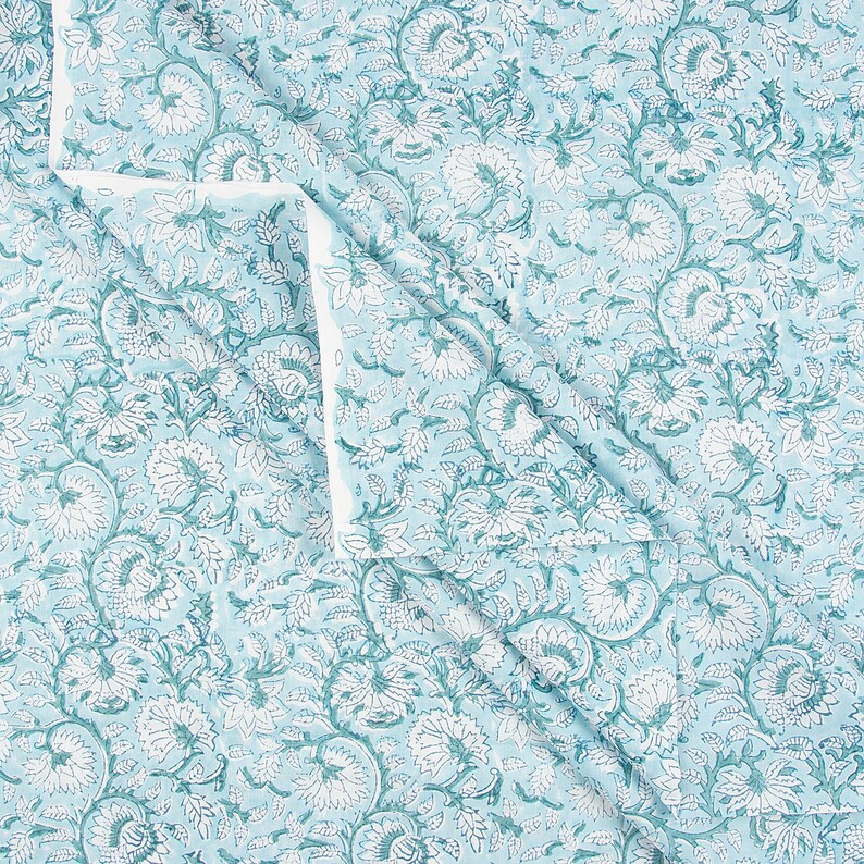 Aqua Floral Cotton Fabric By The Yard | Hand Block Print Textile