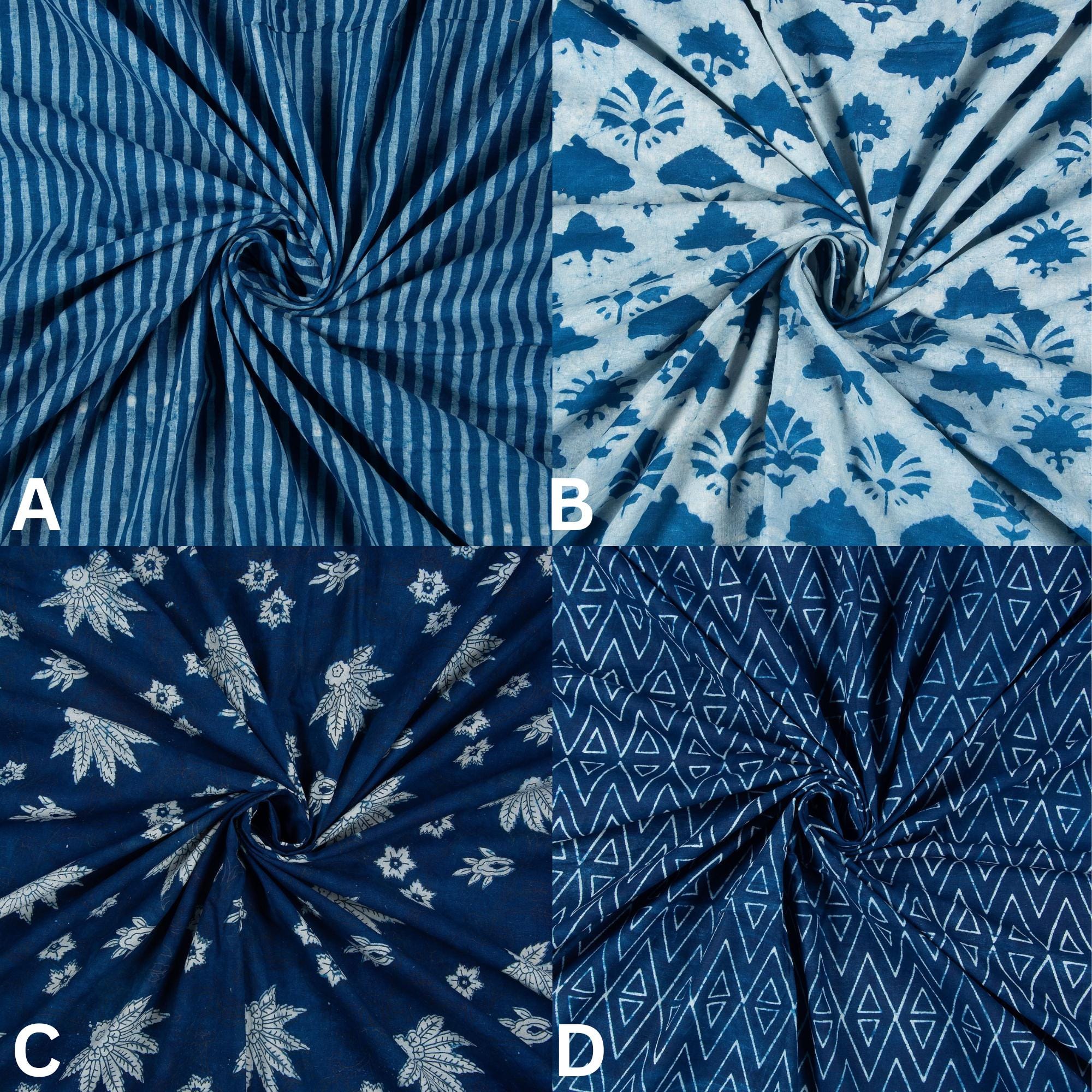 Indigo Cotton Fabric: Hand Block Printed Floral, Stripe & Geometric ...