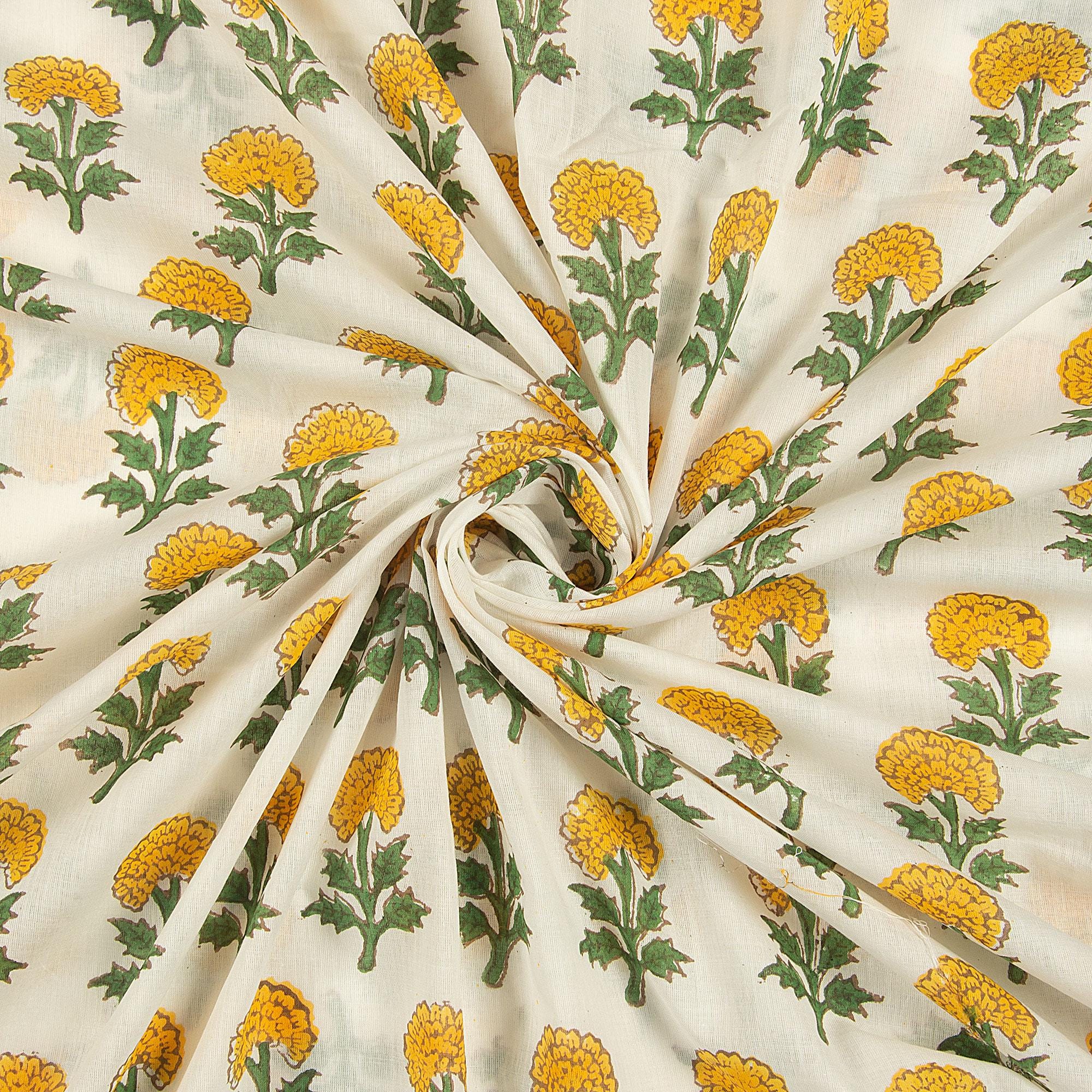 Hand Block Print Cotton Fabric | Marigold Floral Boota Design by the ...