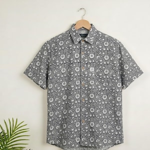 Camisa de verano para hombre, 100% algodón, con estampado de bloques, estilo casual con botones, ideal para vacaciones.