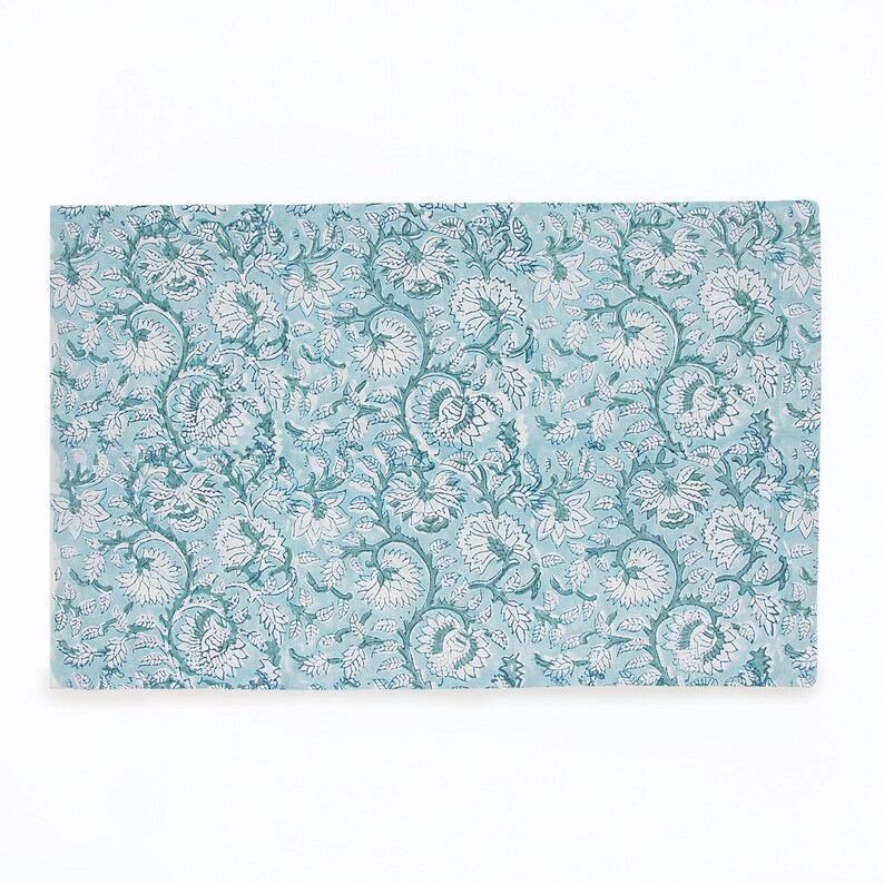 Aqua Floral Cotton Fabric By The Yard | Hand Block Print Textile