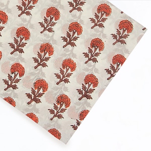 Hand Block Print Cotton Fabric | Rust Marigold Floral, By The Yard