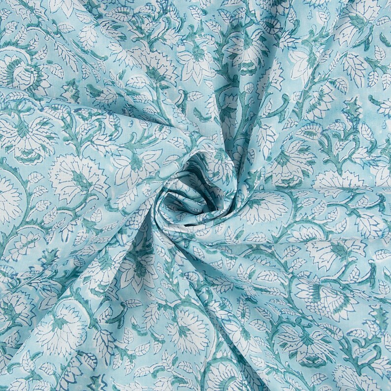 Aqua Floral Cotton Fabric By The Yard | Hand Block Print Textile